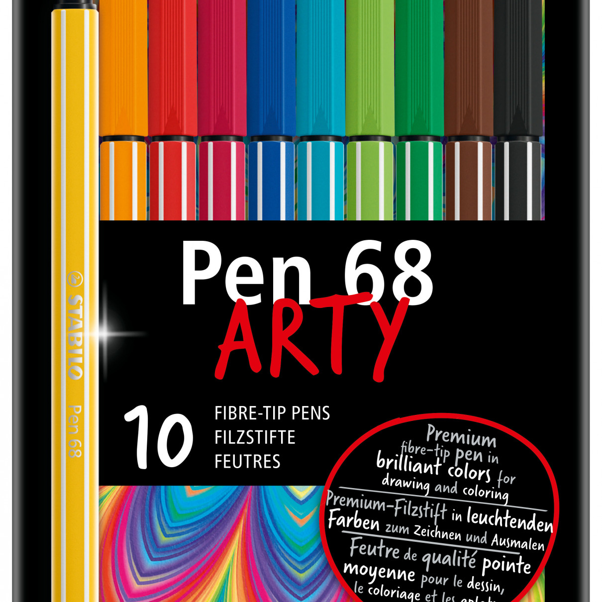 STABILO Pen 68 Fibre Tip Pen - ARTY -Assorted Colours (Tin of 10)